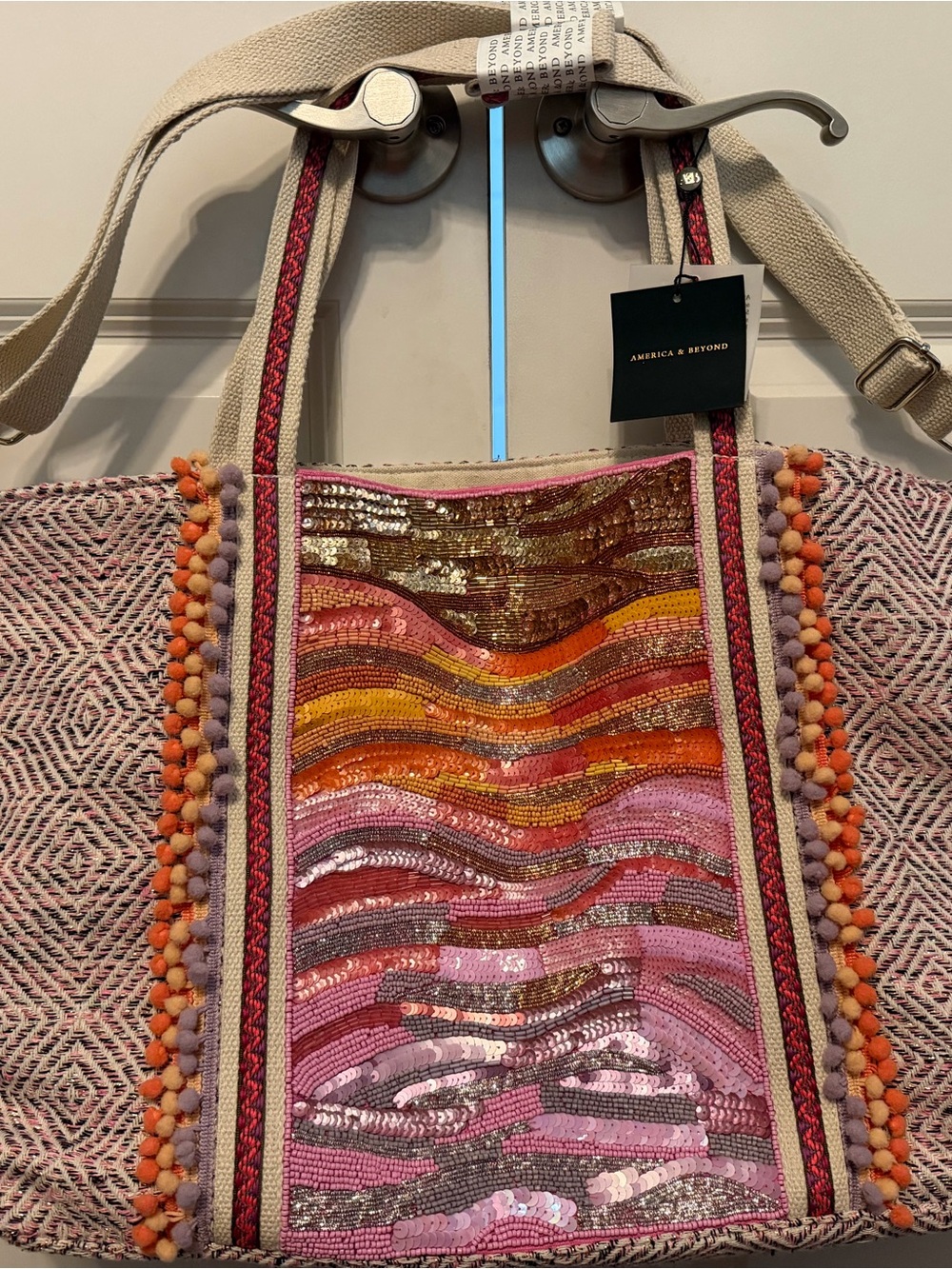 Pink Multicolor Sequin Pom Pom Tote